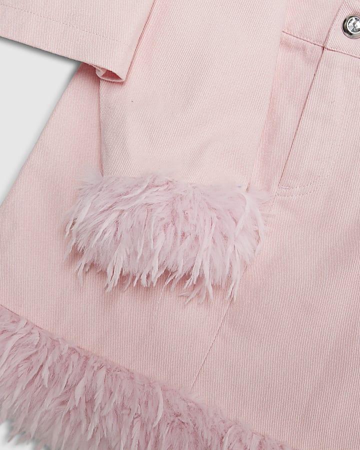 river island Girls Pink Feather Trim Denim Skirt Set