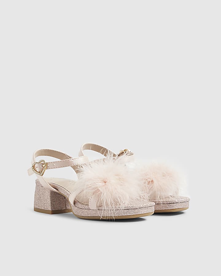 River Island Girls Pink Glitter Fluffy Heeled Sandals