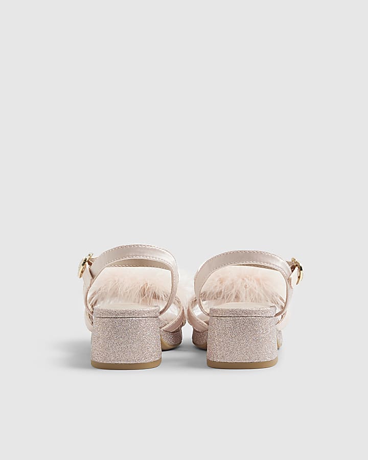 River Island Girls Pink Glitter Fluffy Heeled Sandals