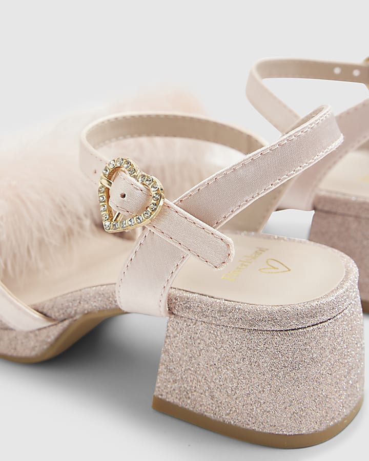 river island Girls Pink Glitter Fluffy Heeled Sandals