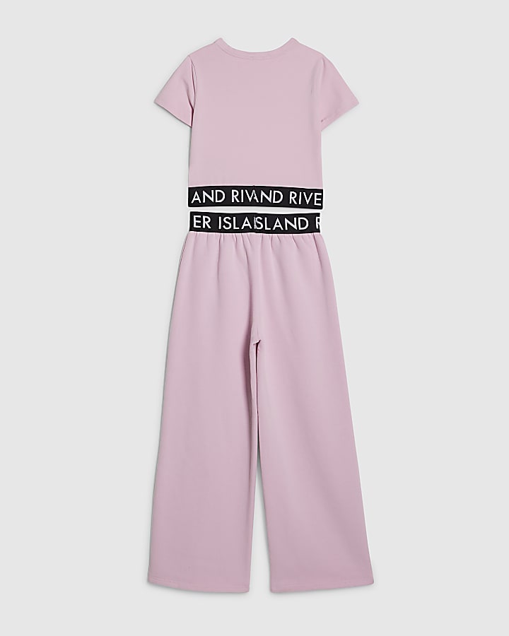 River Island Girls Pink Graffiti Wide Leg Trousers Set