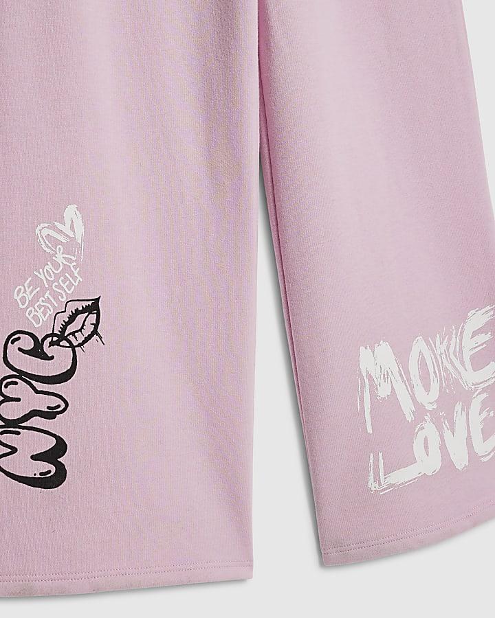 river island Girls Pink Graffiti Wide Leg Trousers Set
