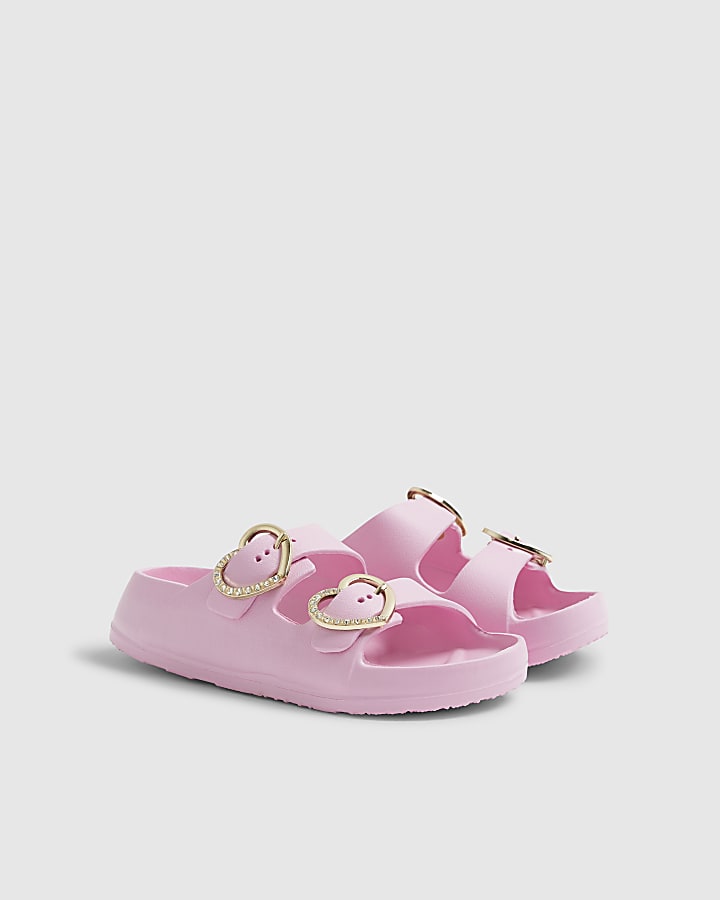 River Island Girls Pink Heart Buckle Moulded Sliders