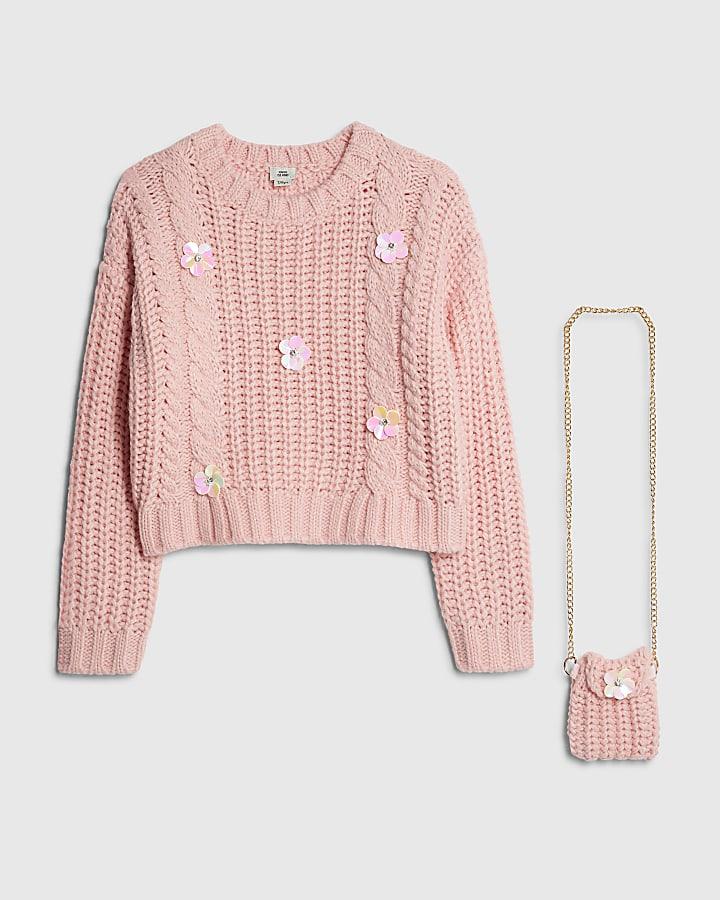 River Island Girls Pink Knitted Flower Jumper With Bag