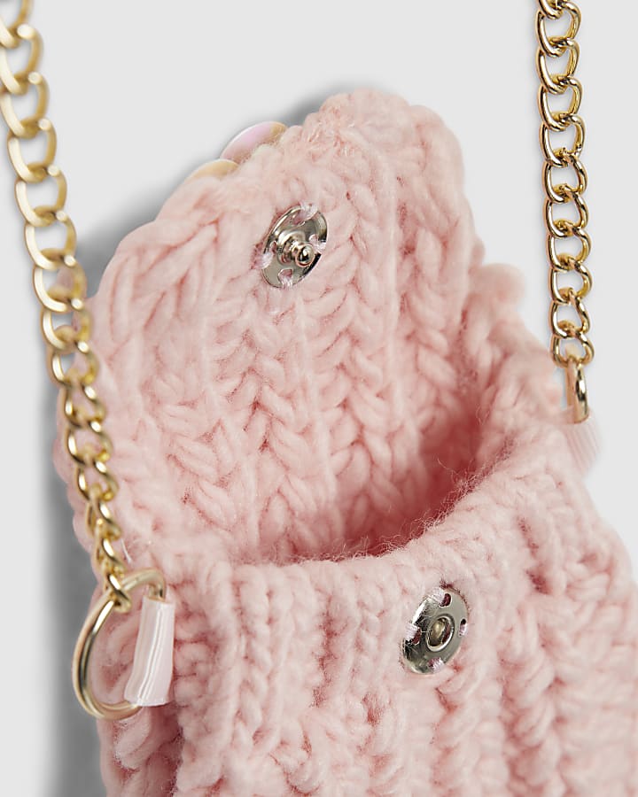 River Island Girls Pink Knitted Flower Jumper With Bag