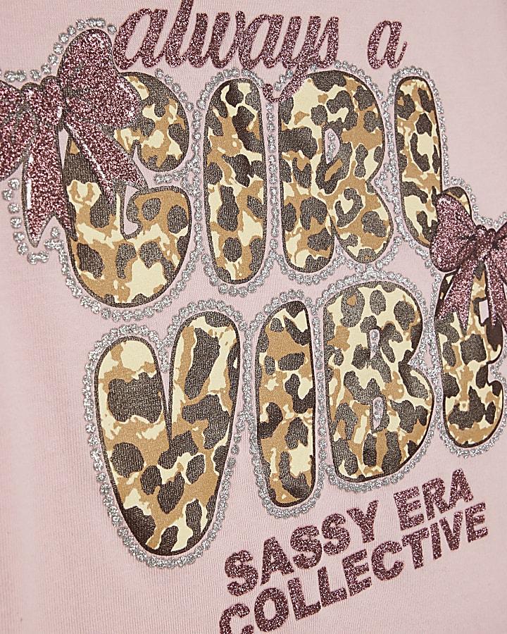 River Island Girls Pink Leopard Girl Vibe Crop T-Shirt Set