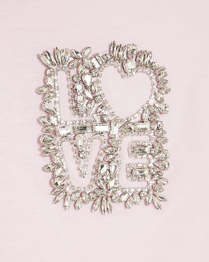 River Island Girls Pink Love Frill Embellished T-Shirt