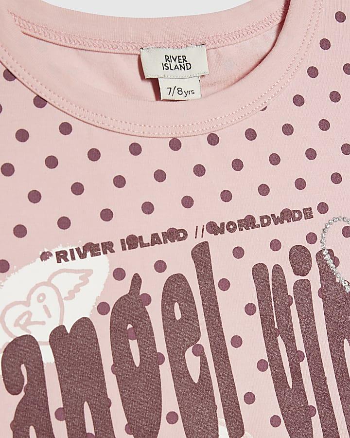 River Island Girls Pink Polka Dot Angel Vibe T-Shirt