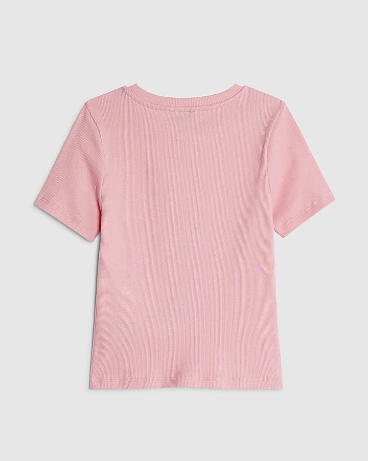 River Island Girls Pink Ribbed Diamante Bow T-Shirt