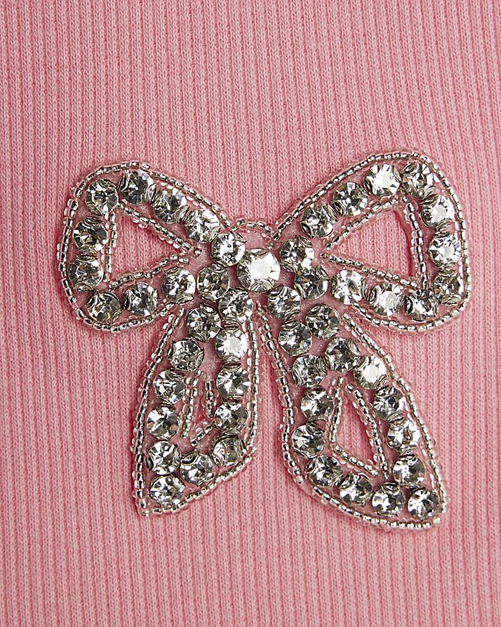River Island Girls Pink Ribbed Diamante Bow T-Shirt