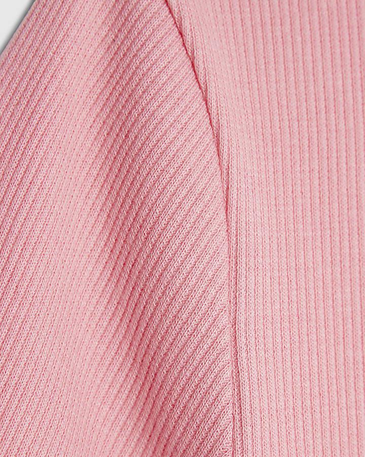 River Island Girls Pink Ribbed Diamante Bow T-Shirt