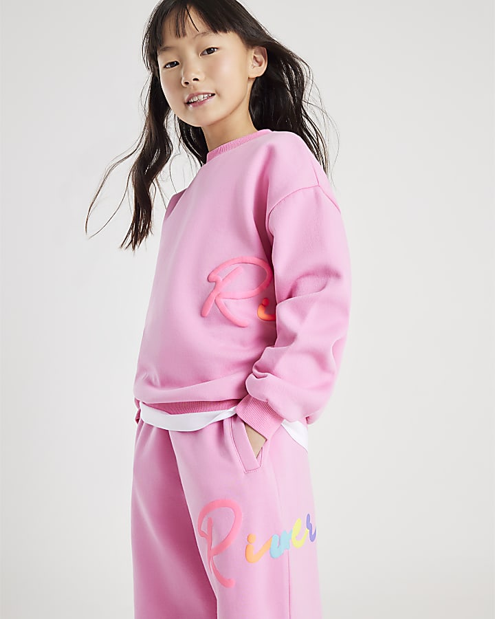 River Island Girls Pink River Sweatshirt And Joggers Set