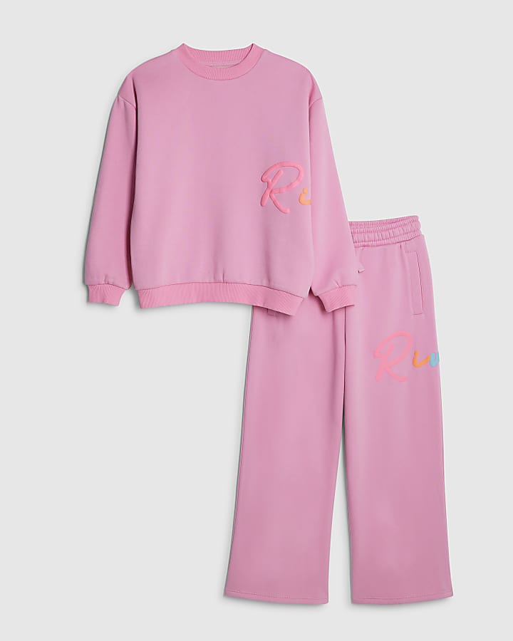 River Island Girls Pink River Sweatshirt And Joggers Set