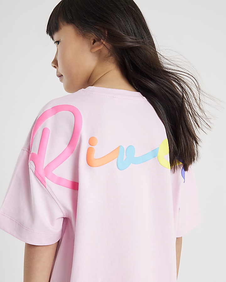 River Island Girls Pink River T-Shirt And Trousers Set