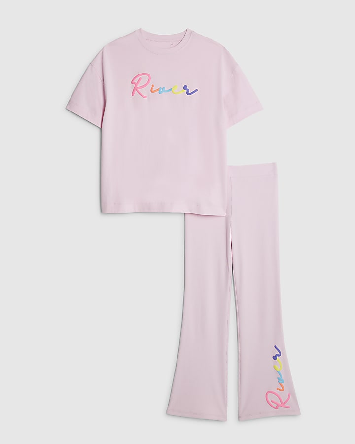 River Island Girls Pink River T-Shirt And Trousers Set
