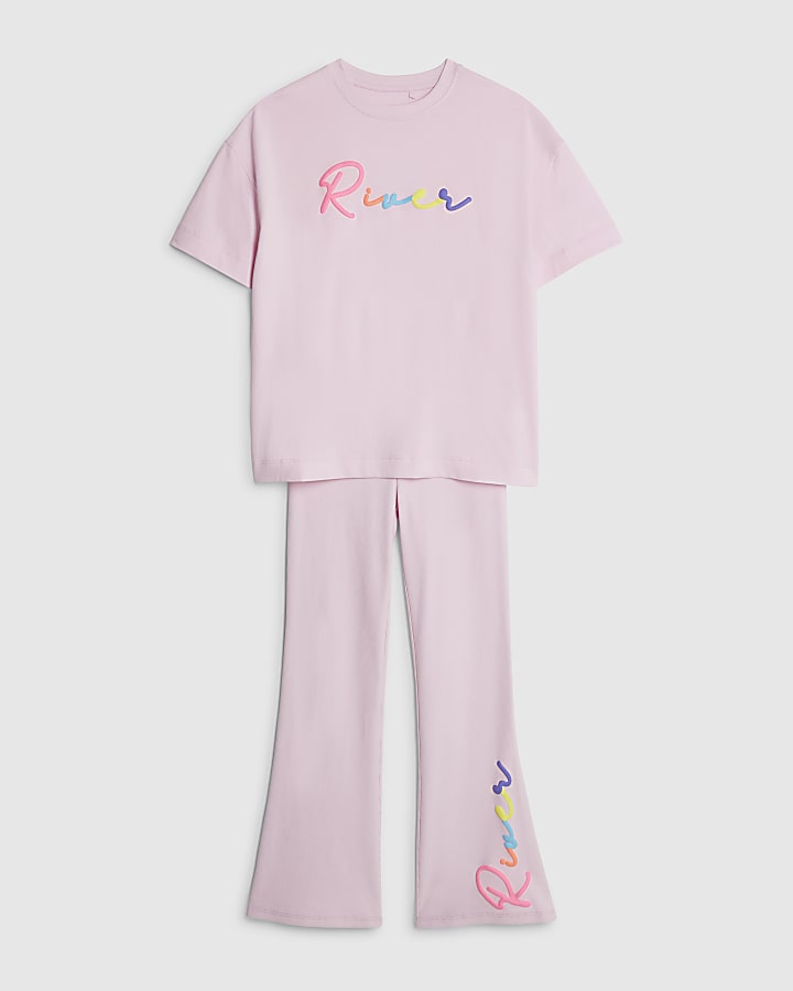 River Island Girls Pink River T-Shirt And Trousers Set