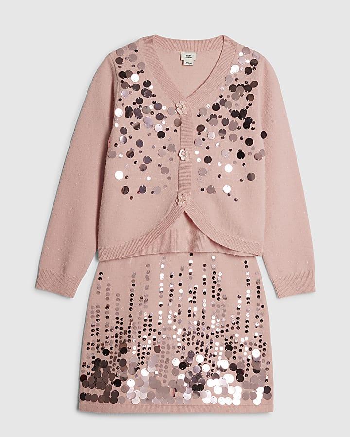 River Island Girls Pink Sequin Cardigan And Skirt Set