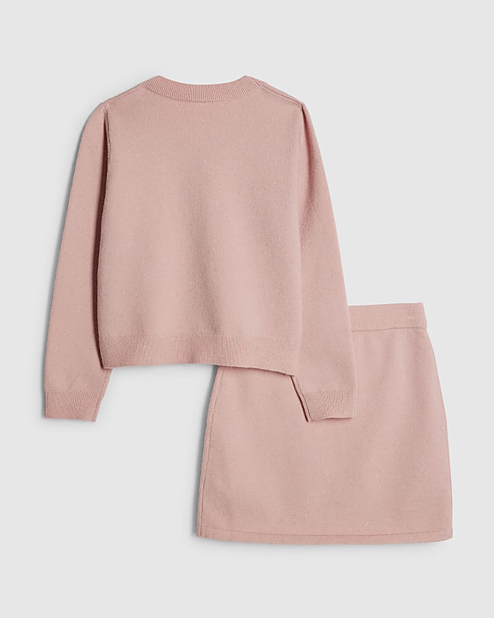River Island Girls Pink Sequin Cardigan And Skirt Set