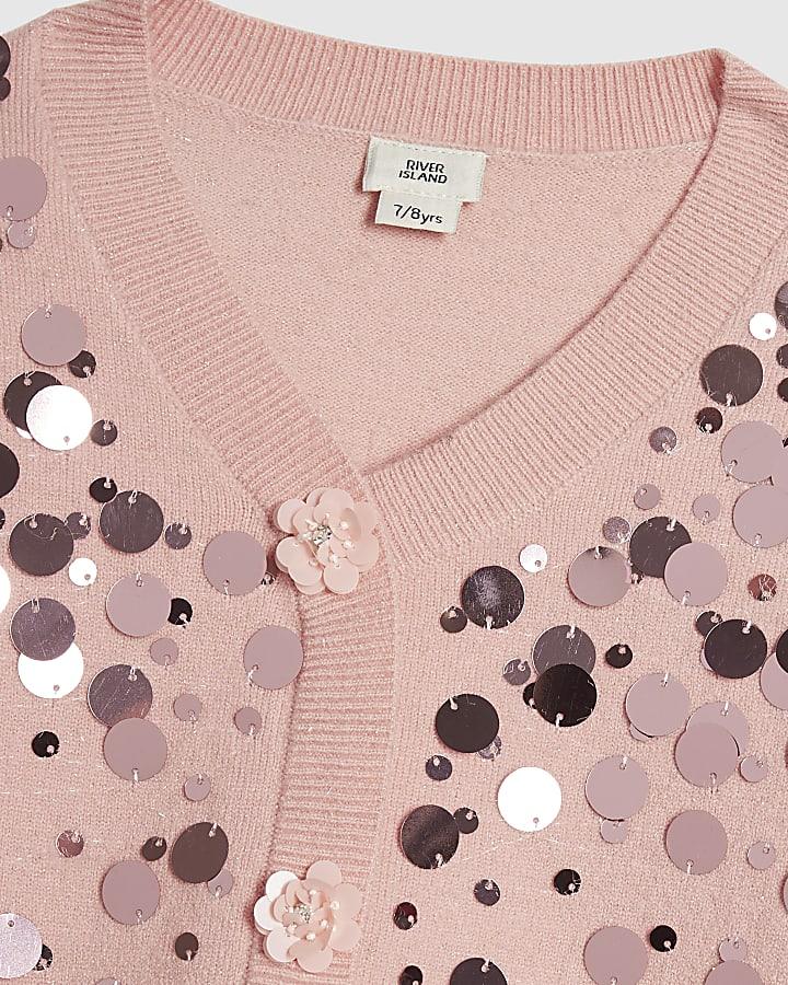 River Island Girls Pink Sequin Cardigan And Skirt Set