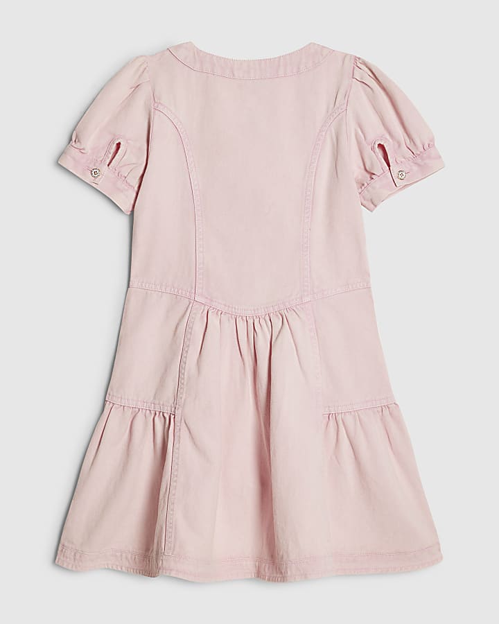 River Island Girls Pink Square Neck Twill Bow Dress