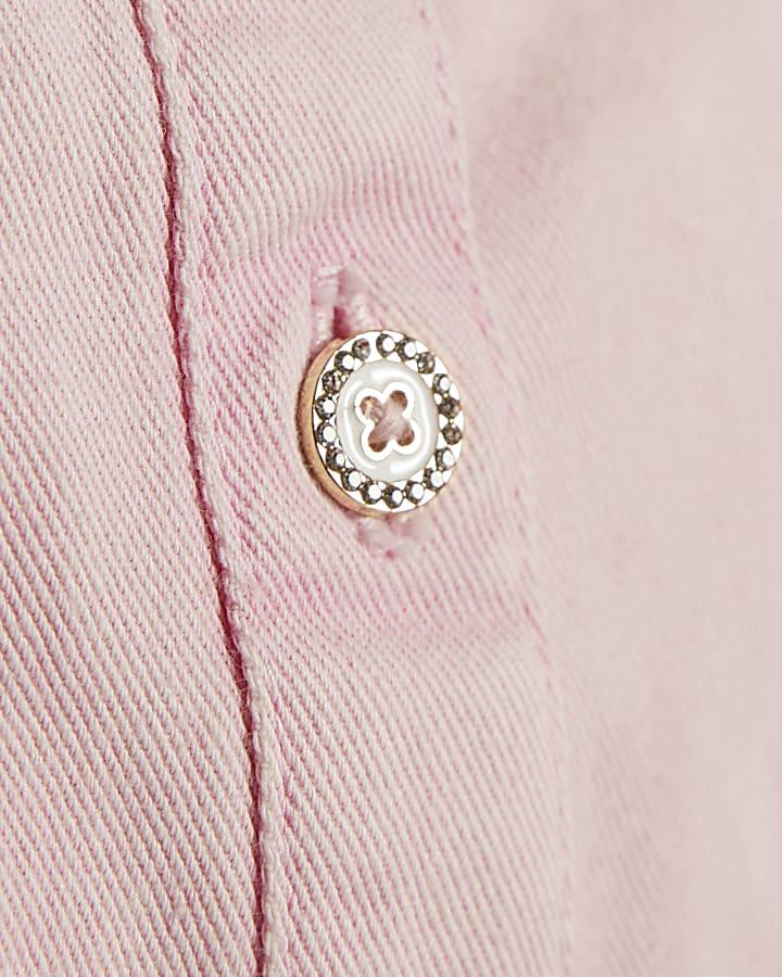 River Island Girls Pink Square Neck Twill Bow Dress