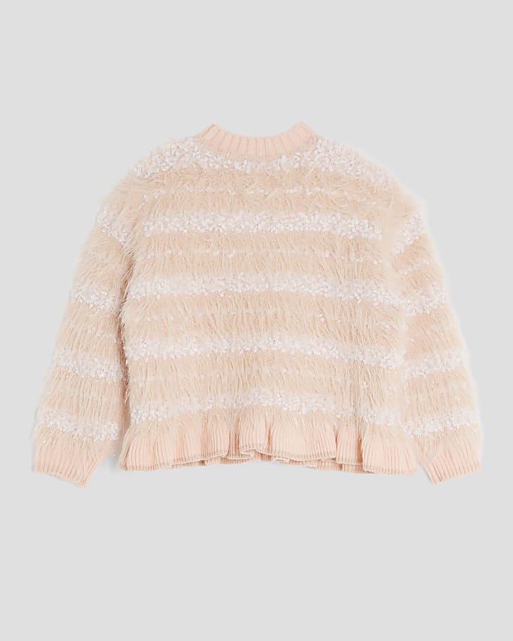 River Island Girls Pink Stripe Glitter Fluffy Jumper