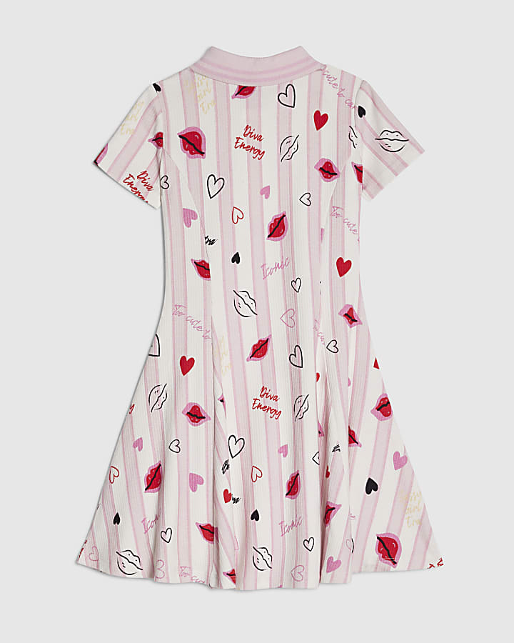 River Island Girls Pink Stripe Lip Fit And Flared Dress