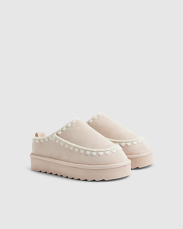River Island Girls Pink Whipstitch Moccasin Mule Slippers