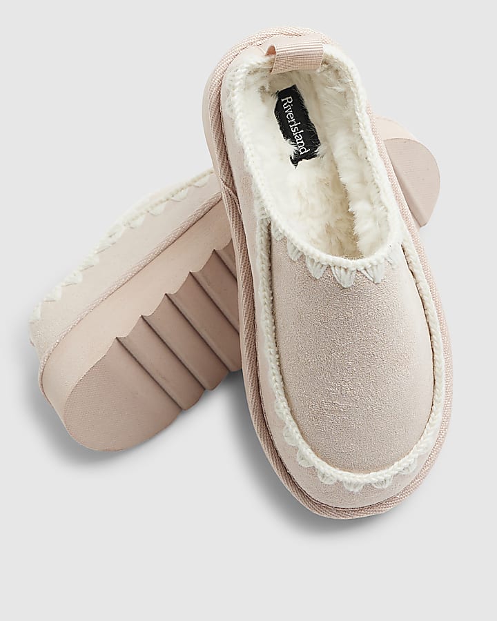 River Island Girls Pink Whipstitch Moccasin Mule Slippers