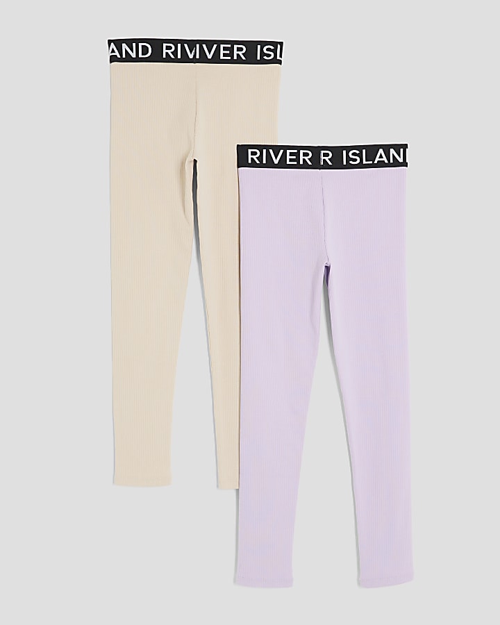 River Island Girls Purple And Beige Ribbed 2 Pack Leggings