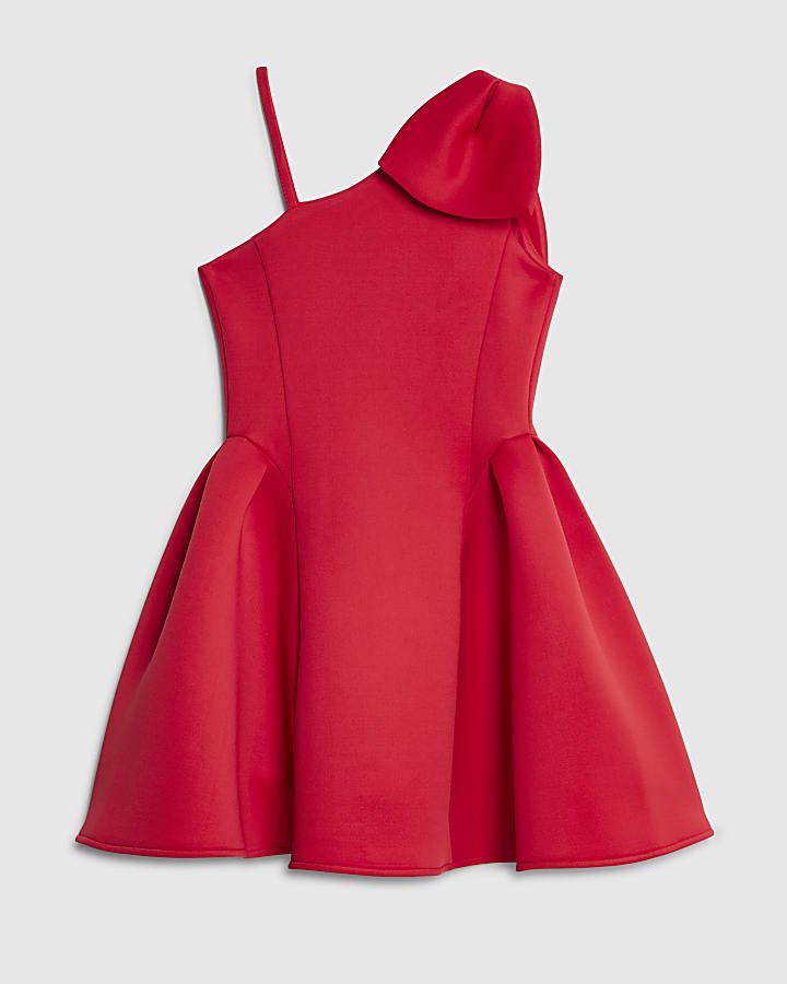 River Island Girls Red One Shoulder Bow Scuba Dress