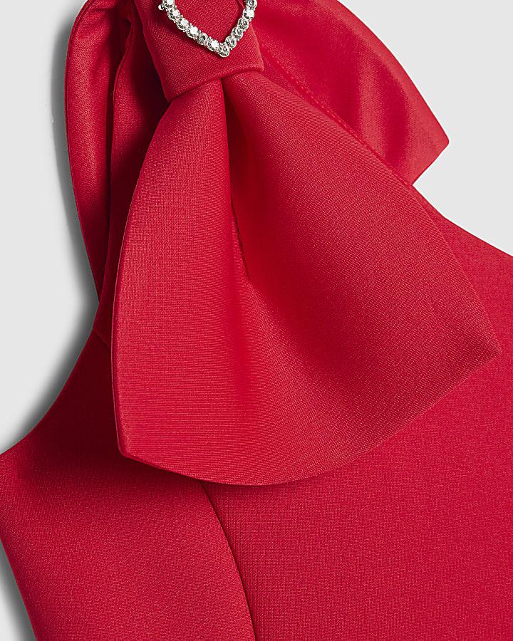 River Island Girls Red One Shoulder Bow Scuba Dress
