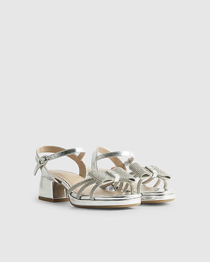 River Island Girls Silver Diamante Bow Heeled Sandals