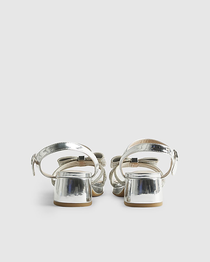 River Island Girls Silver Diamante Bow Heeled Sandals