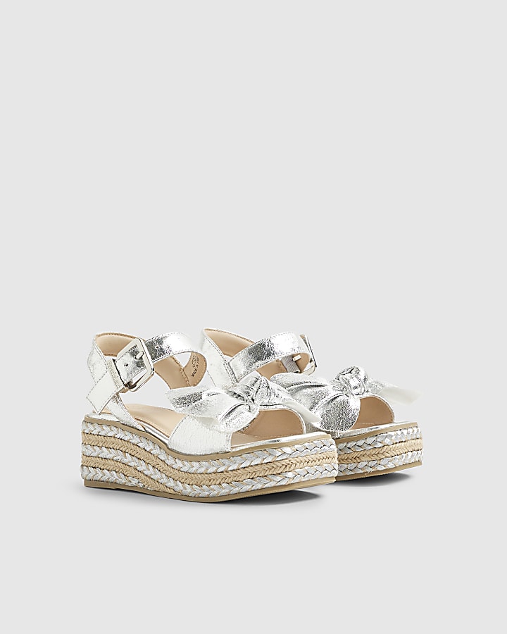 River Island Girls Silver Metallic Bow Wedge Sandals