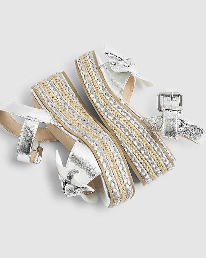 River Island Girls Silver Metallic Bow Wedge Sandals