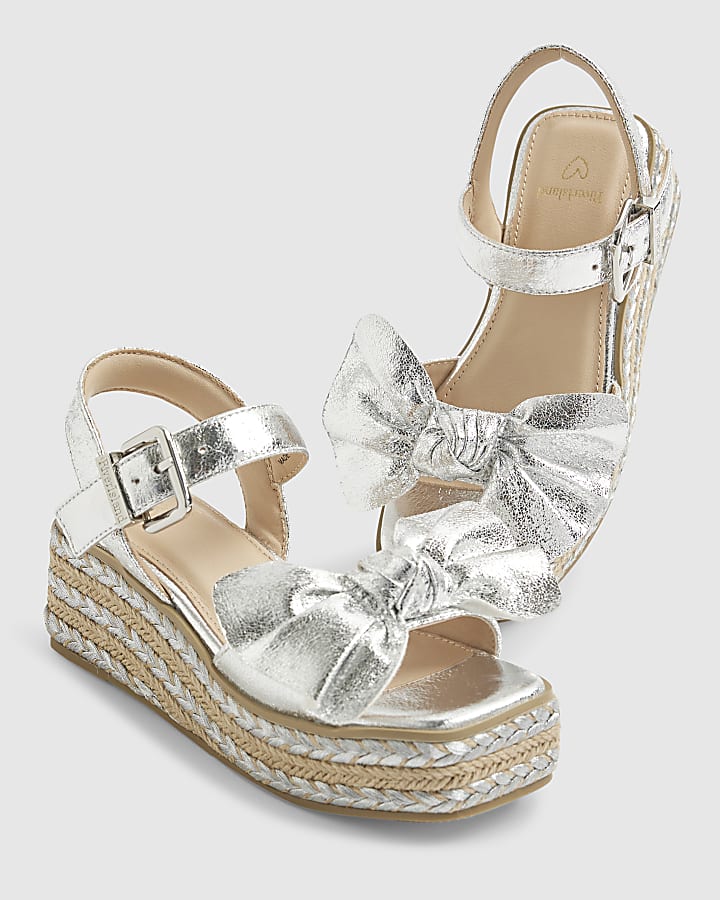 river island Girls Silver Metallic Bow Wedge Sandals