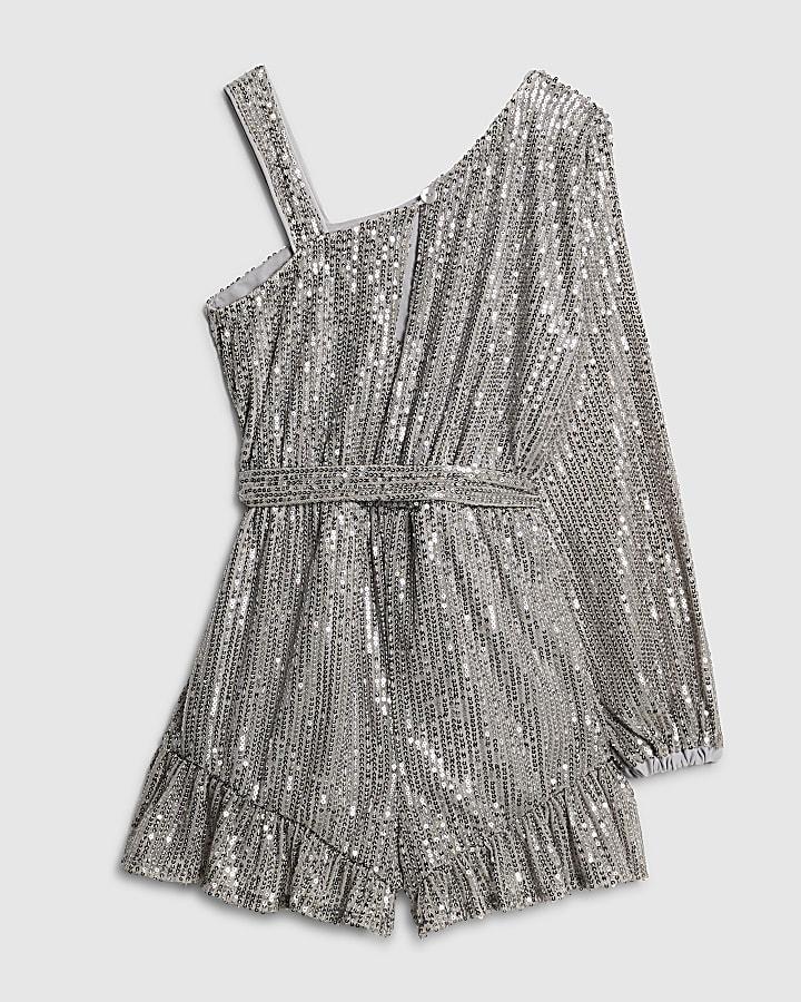 River Island Girls Silver Sequin One Shoulder Playsuit
