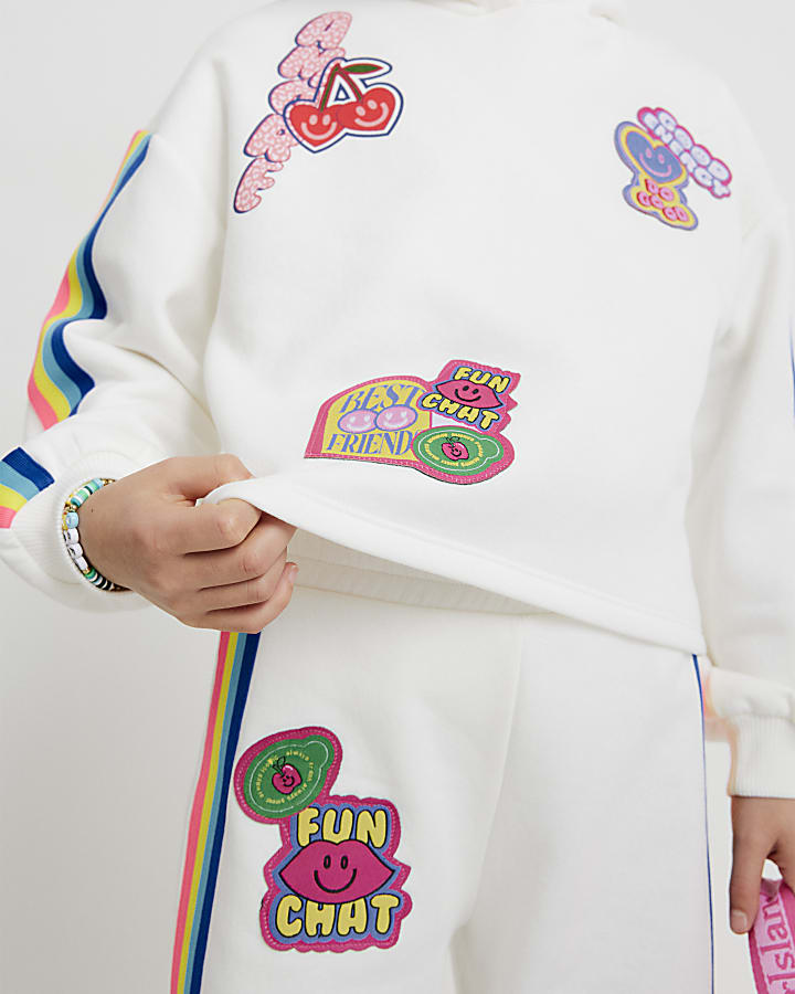 River Island Girls White Badge Hoodie Tracksuit Set