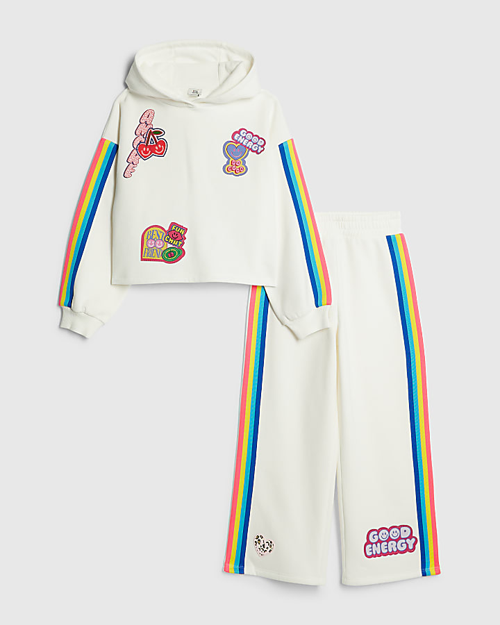 River Island Girls White Badge Hoodie Tracksuit Set