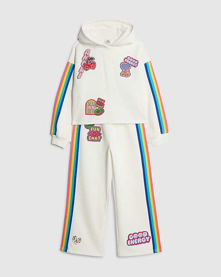 River Island Girls White Badge Hoodie Tracksuit Set