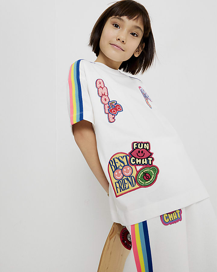 River Island Girls White Badges Rainbow Stripe T-Shirt