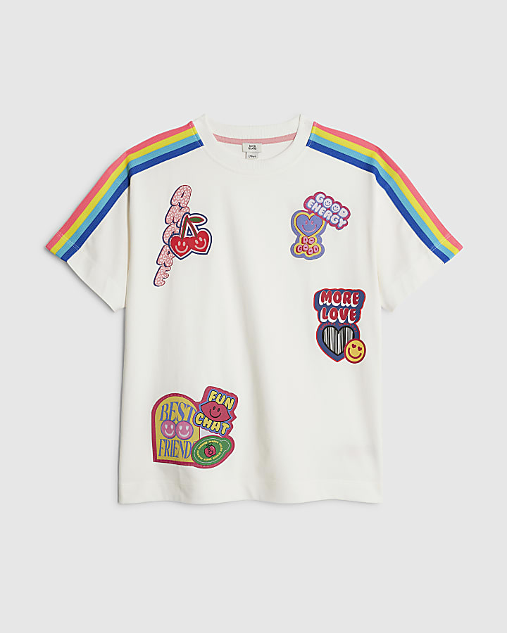 River Island Girls White Badges Rainbow Stripe T-Shirt