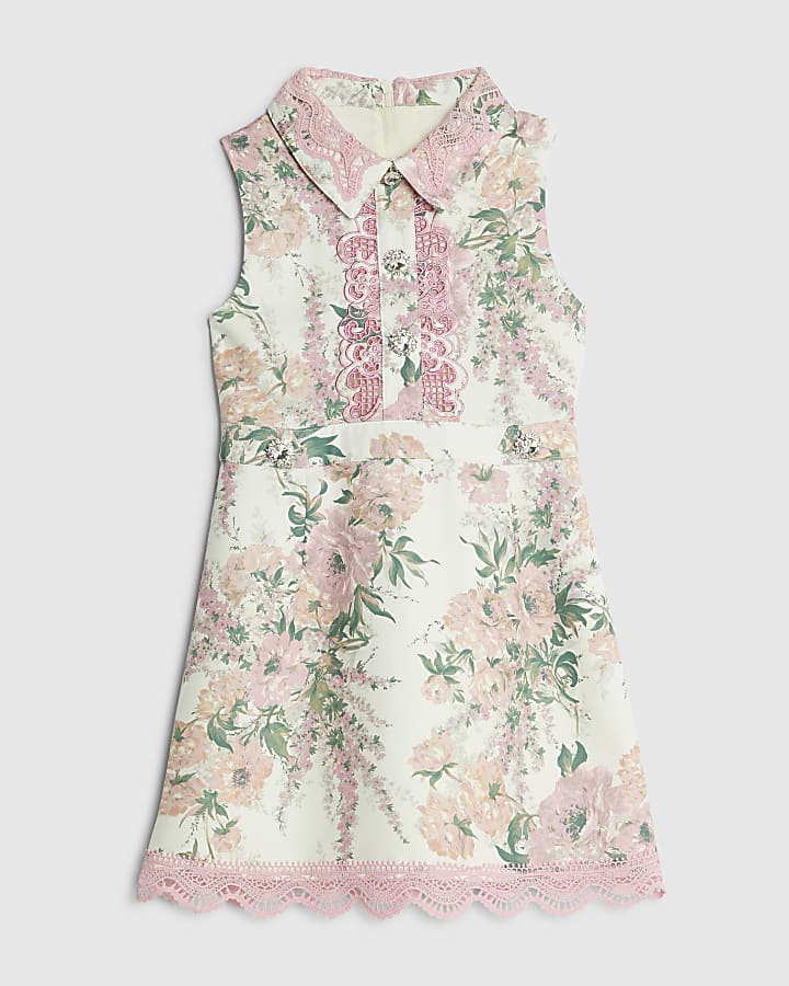 River Island Girls White Collared Floral Lace Dress
