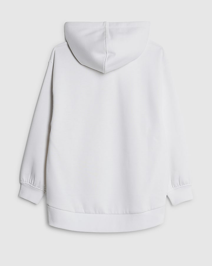 River Island Girls White Longline Hooded RI Bow Sweatshirt