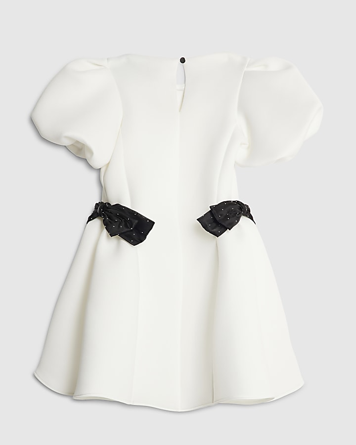 River Island Girls White Puff Sleeve Bow Scuba Dress