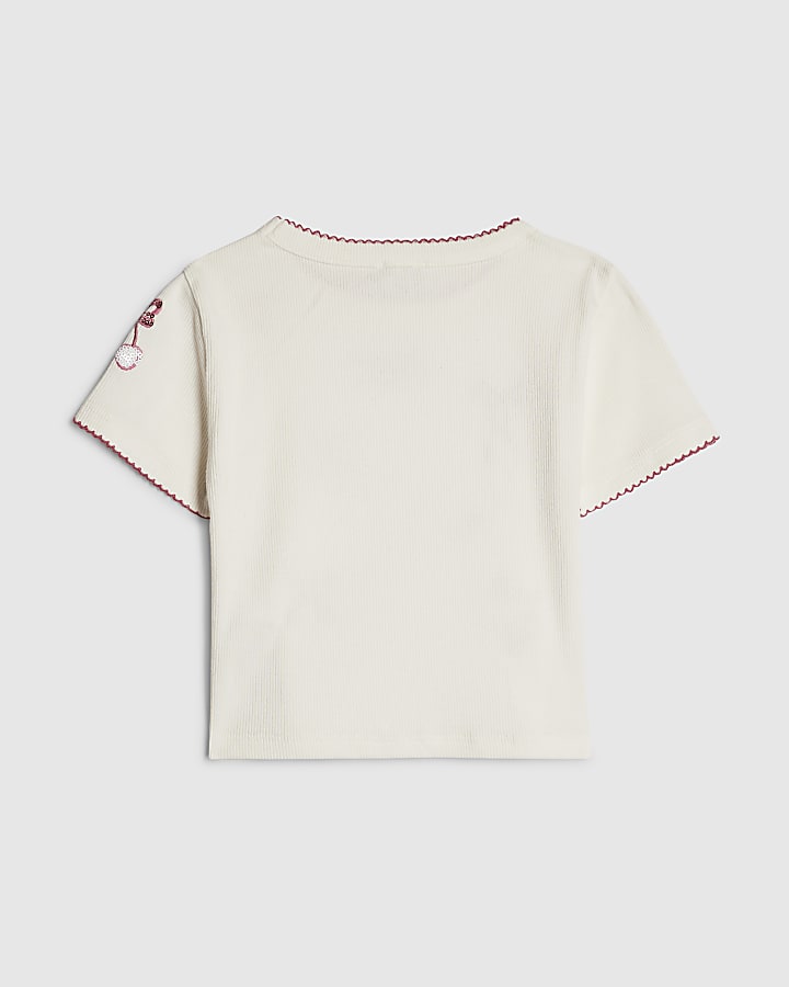 River Island Girls White Ribbed Sequin Embellished T-Shirt