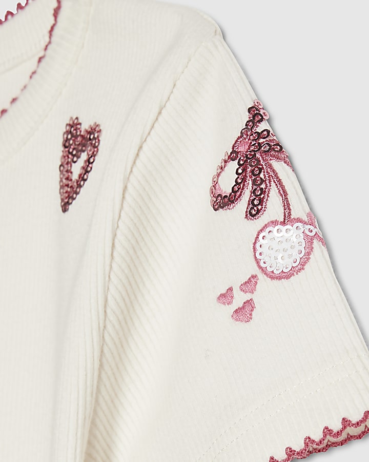 River Island Girls White Ribbed Sequin Embellished T-Shirt