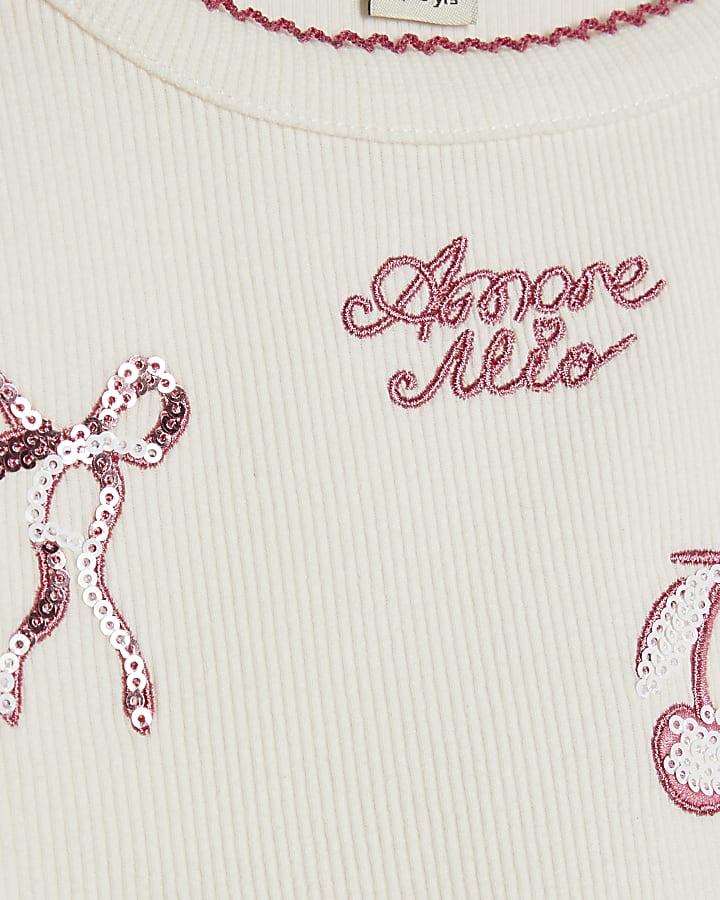 river island Girls White Ribbed Sequin Embellished T-Shirt