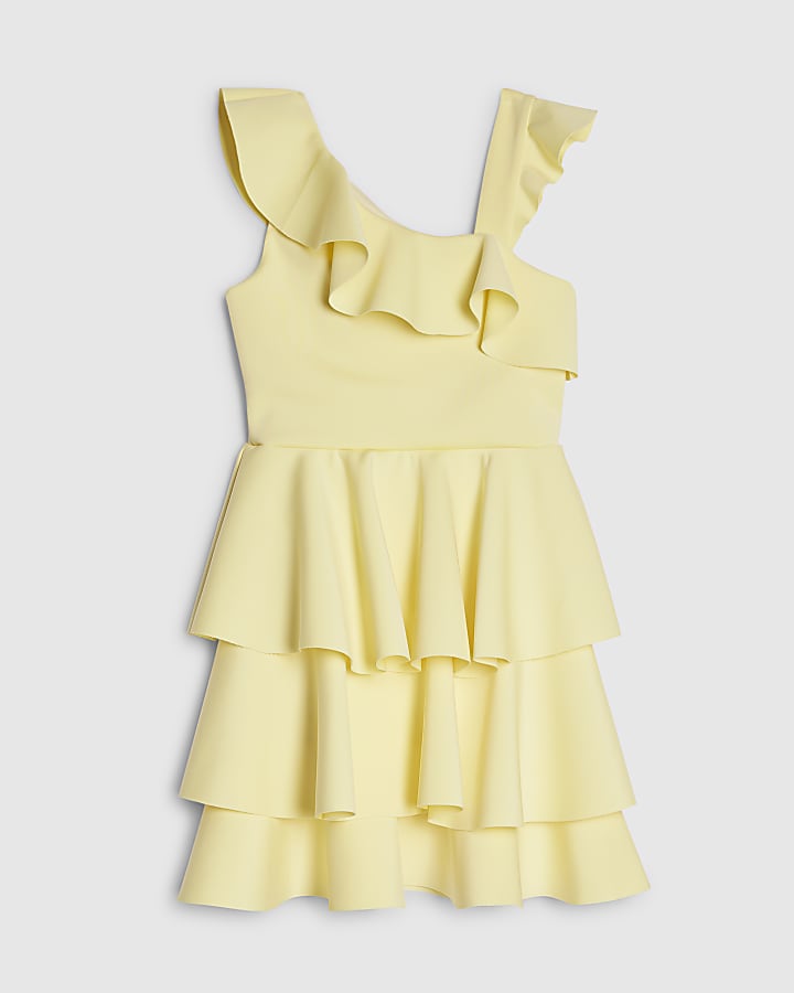 River Island Girls Yellow Asymmetric Floral Scuba Dress